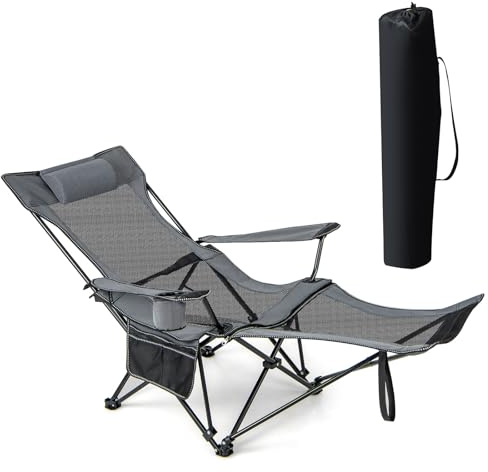 GIANTEX Sedia da Campeggio Pieghevole Reclinabile, con Poggiapiedi Rimovibile e Cuscino Imbottito, Dotata di Portabicchieri, Tasca Laterale e Borsa per Trasporto, Ideale per Parco, 4 Colori (1 Grigio)