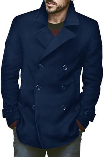 Runcati Abrigo clásico de doble botonadura para hombre - Corte ajustado - Informal - Chaqueta larga y cálida - Trench de negocios, Azul oscuro., XXL
