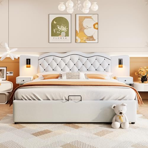 KecDuey Polsterbett 180 x 200c, Doppelbett,Flaches Bett, gepolstertes Bett, integriertes Kopfteil, hydraulischer Hebemechanismus, USB-Anschluss, Zwei Nachttischlampen, großer Stauraum (Beige)