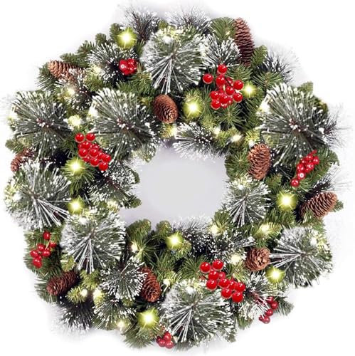 Meiruier Ghirlanda natalizia da 40 cm, con luce a LED, da appendere alla porta d'ingresso, ghirlanda in abete rosso, decorazioni per la casa e le vacanze, decorazione natalizia per interni ed esterni