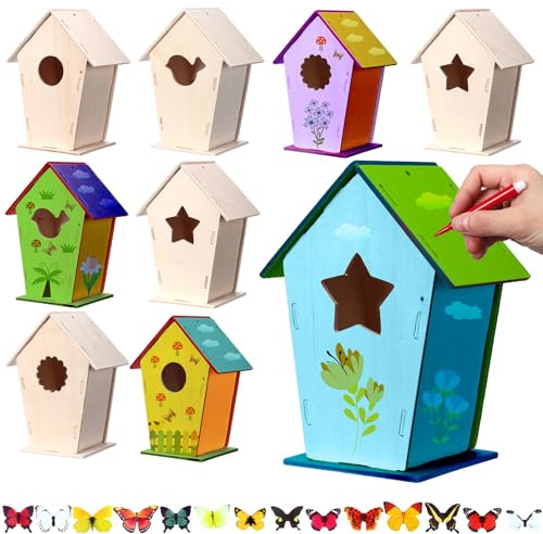 Outus 12 Pcs 5 × 7 Inch DIY Wooden Birdhouse Kit for Kids, Art Painting Bird House Craft Kit Unfinished Bird House Craft for Easter, Kids with Butterfly Sticker Gift 4 Shapes Summer Arts (Vintage)