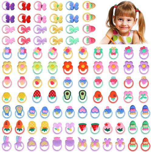 Halinuia 100 Pièces Elastique Cheveux Fille Bebe Chouchou Cheveux Fille Colorés Petits Elastiques Cheveux Accessoires Cheveux Noeud Papillon Fleurs Fruit Glace Élastiques à Cheveux pour Bébé Enfants