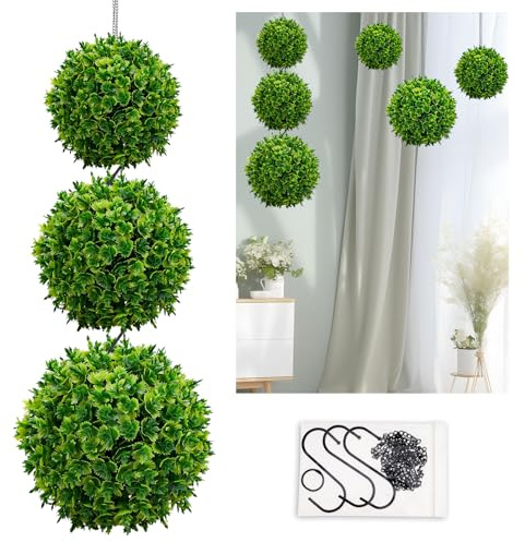 Funzhan 3pcs Hanging Artificial Topiary Ball, Faux Realistic Greenery Boxwood Balls, Decorative Outdoor Garden Plants for Indoor Home Décor Porch Wedding Decoration
