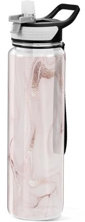 Rose Gold Waves Marble Water Bottle 1L with Straw, Leakproof BPA Free Tritan Drink Bottle, Sport Water Bottle for Men Women Kids