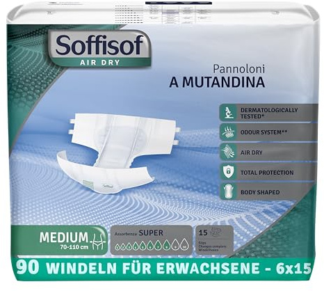 Soffisof Air Dry Windeln für Erwachsene Super M - 90x Inkontinenz Slip - 6 Packungen mit 15 Windelhosen, 8 Tropfen - Inkontinenzwindeln