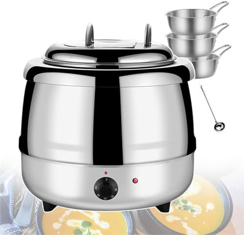 Hervidor de sopa eléctrico de acero inoxidable con 1 cuchara sopera y 3 tazones, estufa eléctrica para sopa con rango de temperatura de 35 a 80 ℃, calentador tipo bufé de gran capacidad para, White