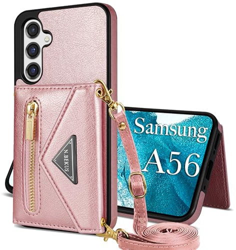 GUVAGI für Handyhülle Samsung Galaxy A56/A36 5G Hülle mit Band Handykette,4-Karten Leder Klappbar Flip Reißverschluss Handytasche Mädchen Case mit Abnehmbar Kette Schnur Tasche Hinten Umhängen (Rosa)