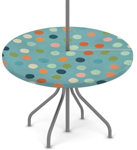 Woltant Tovaglia rotonda con foro per ombrellone e cerniera, facile da pulire, con bordi elastici, protezione per tavolo da giardino, patio, barbecue (pois blu)