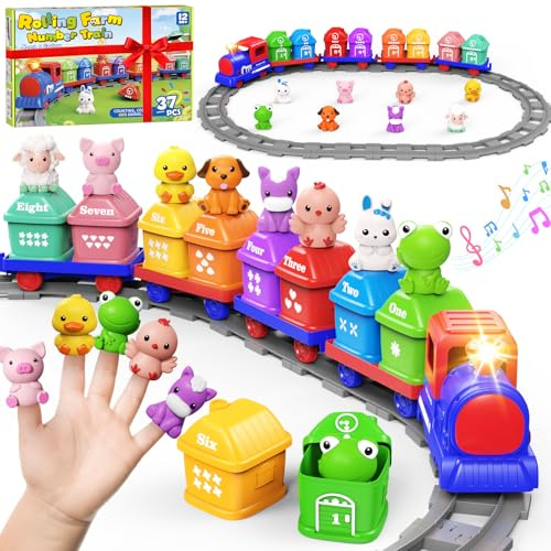 Cmiolacuna Train Set for Toddlers 2-4, Electric Toy Train with Farm Animals & Music & Lights, Montessori Counting & Sorting Learning Toys for 1 2 3 Year Old Boys Girls, Christmas Easter Birthday Gift