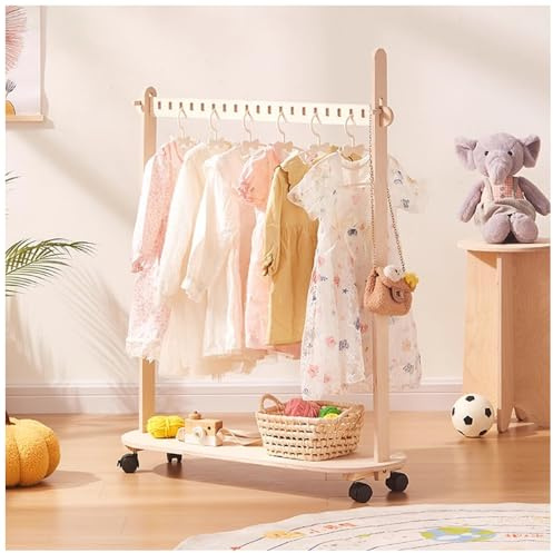 Kids Clothes Rail on Wheels, Childrens Clothes Rack with Storage Shelf, Wooden Fancy Dress Wardrobe for Bedroom, Small Kids Dress Up Rail for Coat, Skirts (S)