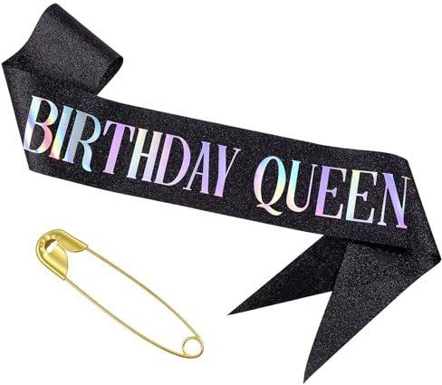 Birthday Queen Sash Black For Women Black Glitter Birthday Sash With Gold Foil Elegant Funny For Women And Girls Party Decorations Supplies Party Celebrations (Black,62.99 × 3.74 inches)