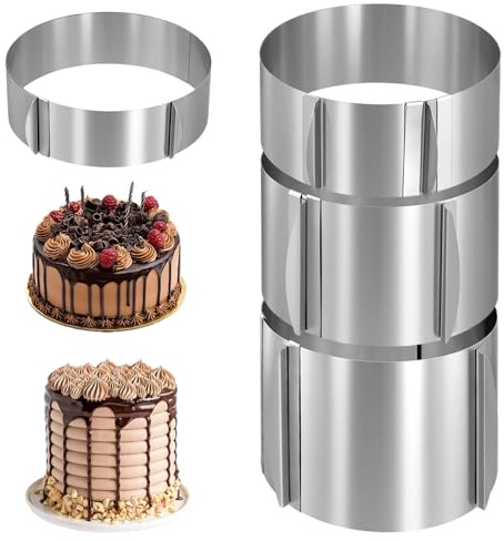 FUNSUEI 4 styck Justerbar tårtring Set, 6/8/12/15 cm höga Silverfärgade rostfria stål bakringar, 16–30 cm diameter tårtring för tårtor, desserter