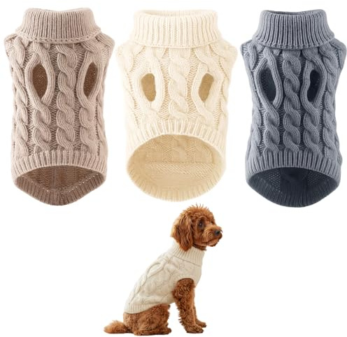 3PCS Dog Jumpers, Knit Sweaters for Small to Medium Dogs, Soft Warm Winter Dog Outfits for Small Dogs in White, Khaki and Dark Gray