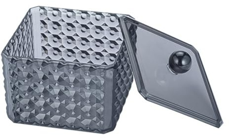Veemoon Contenitore Acrilico Nero Trasparente per Cotton Fioc con Coperchio, Organizer Compatto Porta Dischetti di Cotone a Motivo Diamante per Uso Domestico e Bagno, Custodia Salvaspazio