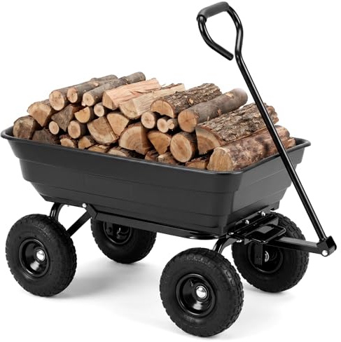 COSTWAY Carretilla de Jardín 75 L, Carro Volquete Basculante con Asa Ajustable, 4 Ruedas Todoterreno y Estructura Metálica, Carrito de Transporte Exterior para Césped Patio Camping, Capacidad 300 kg