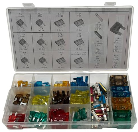 Alkan KFZ Sicherungen Sortiment 147-tlg 2A-70A 12-24V Set | Mini, Standard, Maxi, Glas und Torpedo Sicherungen, farbkodiert in Klarsicht-Sortimentsbox für Kfz und Elektrik