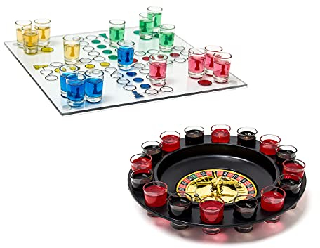 Relaxdays 2 TLG Trinkspiele Set, Drinking Ludo, Trink-Roulette, Saufspiel, Party-Spiel, Schnaps-Roulette, Erwachsene, je 16 Gläser