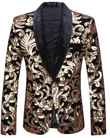 PYJTRL Blommig kavaj i sammet med paljetter för män, moderiktig blazer, M