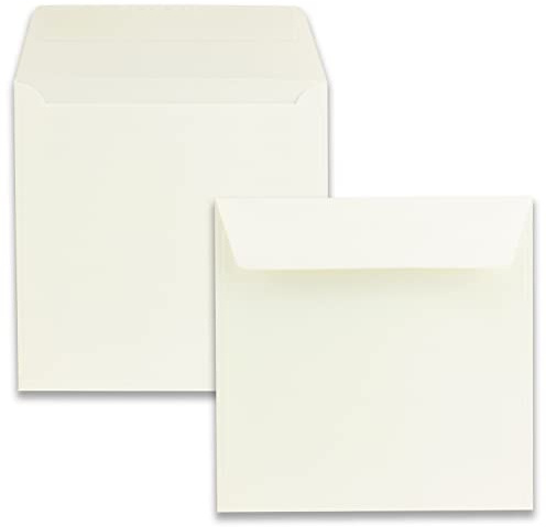 25 Umschläge Quadratisch -Farbe: Creme - Format: 16,5 x 16,5 cm -Grammatur: 120 Gramm pro m² - Haftklebung mit flacher Klappe - Marke: GUSTAV NEUSER