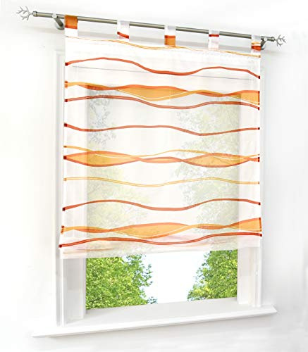 Voile Raffrollo mit Wellen Druck Design Rollos Schlaufen Transparent Vorhang (BxH 120x140cm, Orange mit Schlaufen)