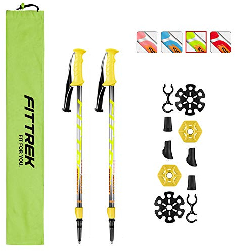 FitTrek Hiking Poles for Kids - Ultralight Nordic Walking Sticks - Telescopic Child Trekking Poles Collapsible 2 Pack Yellow