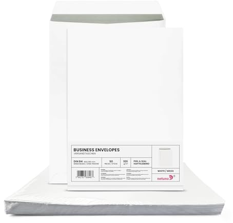 Netuno 50 Umschläge A4 Weiß DIN B4 ohne Fenster haftklebend 100g Papier | 25 x 35,3 cm · große weiße Businessumschläge · für Großbrief, Warensendung, Büro, Versand & Korrespondenz