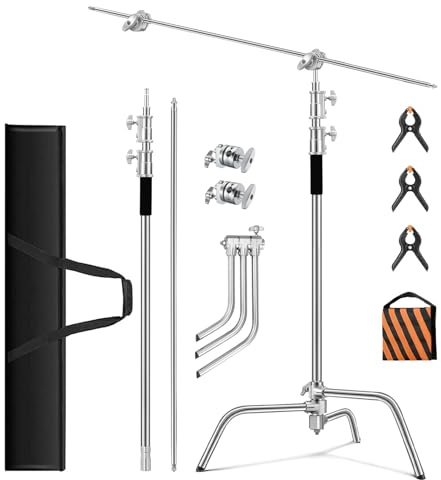 Heavy Duty C Stand 10.8ft/330cm with Boom Arm 100% Stainless Steel Photography Sturdy C-Stand with Carry Bag Sandbag 3*Clip 2*Grip Head for Photography Studio Video Monolight Softbox Shooting