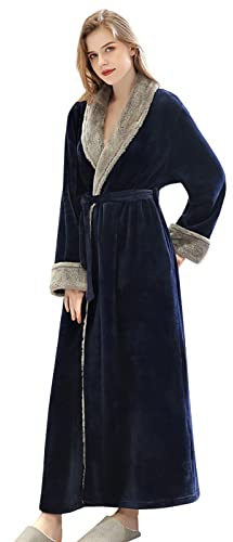 CaiDieNu Robe De Chambre Femme Polaire Longue Peignoir Robe d interieur Hiver Chaude Doux Microfibre Flanelle - Bleu marine - L