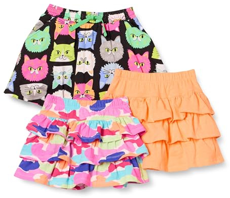 Amazon Essentials Girls' Knitted Ruffle Scooter Skorts with Elastic Waist and Shorts, Pack of 3, Black Cat/Light Orange/Pink Rainbow Print, Large