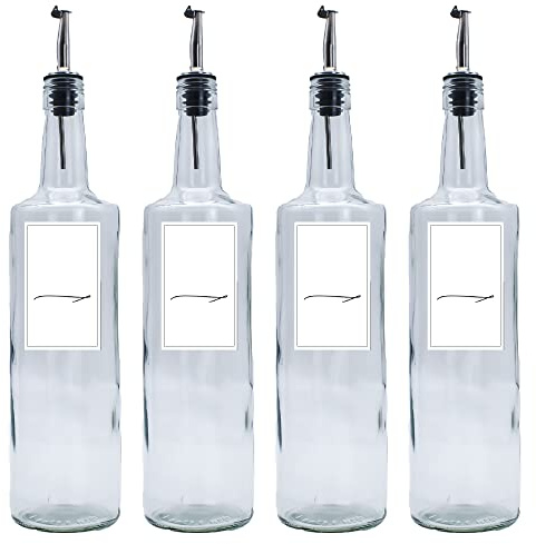 Ölflasche Essigflasche 4x 1 Liter leer zum Beschriften - 4x Edelstahl-Ausgießer - 4x Deckel - 4x Etiketten wasserfest