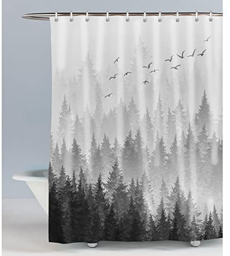 LIVETTY Shower Curtain Black and White Misty Forest Shower Curtains Plant Tree Nature Woodland Bathroom Curtain 72x72 inches(180x180cm) with 12 Hooks Fabric Bath Curtain Washable Quick-Drying