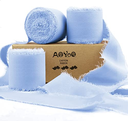 3 Rolls Baby Blue Handmade Chiffon Ribbon, 1.5 x 21Yd Frayed Fringe Silk Ribbons for Wedding Invitations, Bridal Bouquets, Gifts Wrapping, Decorations