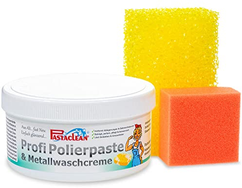 Pastaclean® Profi Polierpaste, Metallwaschpaste, Putzstein, weißer Stein, Reinigungsstein, Entfernt Ablagerungen & Gebrauchsspuren, Allzweckreiniger, 500g + 1x Polierschwamm + 1x Reinigungsschwamm
