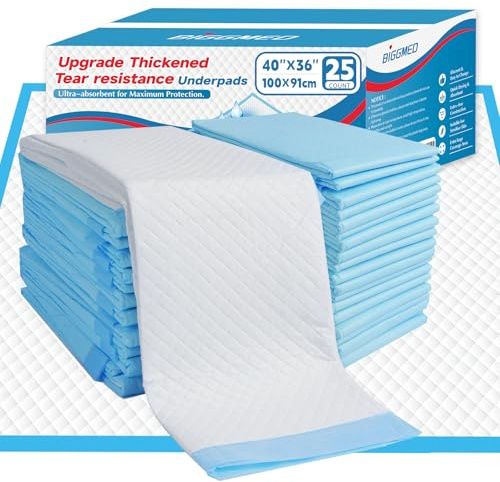 BIGGMED Tear-Resistant Incontinence Bed Pads 40'' x 36'' 130 Gram Heavy Duty (25 Count) Disposable Underpads Chucks Pads for Adults, Kids & Elderly | Protection Pads for Bed, Sofa, and Chair