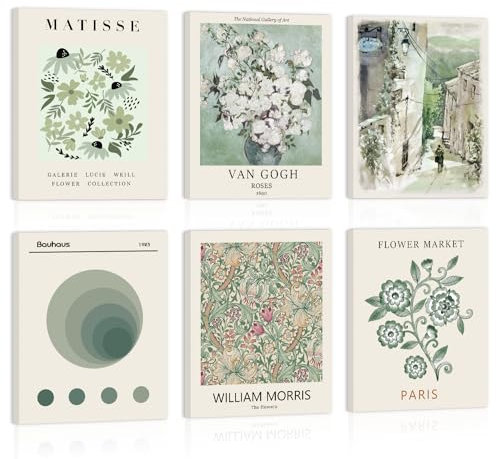 KAIRNE Vintage Sage Matisse Wall Art Framed,Green Prints Poster for Living Room Set of 6 Pieces(8x10inch),Aesthetic Decor Bedroom Accessories,Boho Botanical Art Prints for Bathroom Office Decoration