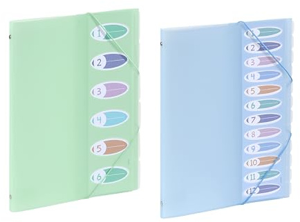 Viquel Fächermappe A4, 6 Fächer, Pastellgrün + 1 Fächermappe 12 A4, 12 Fächer, Pastellblau, Index auf der Vorderseite, Kunststoffhülle A4, Serie Propysoft