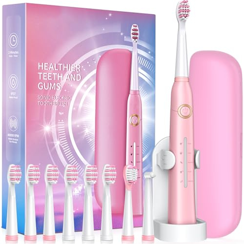 Demita Elektrische Zahnbürste, Travel Case 5 Modi, 30 Tage Rosa | Demita Elektrische Zahnbürste Travel Case, Schallzahnbürsten mit 8 Bürstenköpfen 40000 VPM 5 Modi, 30 Tage Travel Case Rosa