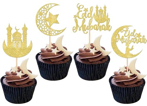 Rsstarxi 24 Pack Gold Eid Mubarak Cupcake Toppers Glitter Moon and Star Eid Cupcake Picks for Ramadan Kareem Eid Islamic Muslim Theme Party Cake Decorations