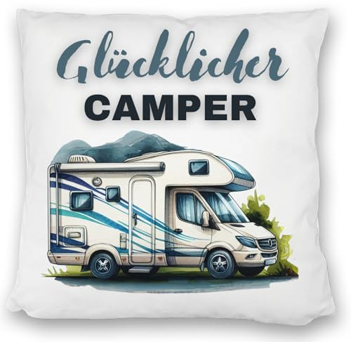 speecheese Wohnmobil Kissen satiniert mit Spruch Glücklicher Camper Wohnwagen-Zubehör Anhänger-Deko Mobiles Heim-Komfort Camping-Unterkunft Essentials