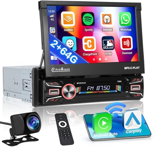 Inefala [2G+64G] Android 15 1 DIN Autoradio mit Navi 7 Zoll Automatisch Ausfahrbares Bildschirm, Wireless Carplay 1 Din Radio mit Android Auto Bluetooth WiFi GPS FM/RDS USB Rückfahrkamera