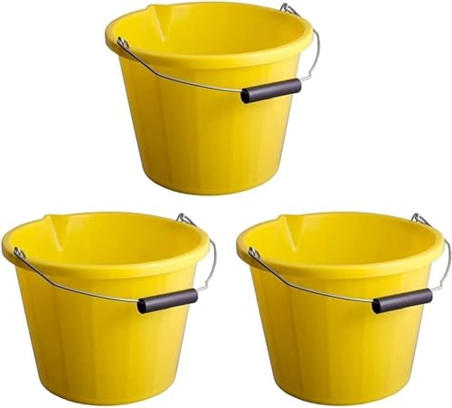 M1SS (Set of 3) Plastic Builders Bucket 3 Gallon 14 Litre Water Mixing Storage Strong with Measuring Guide, Handle And Spout (Made in U.K) (Yellow)