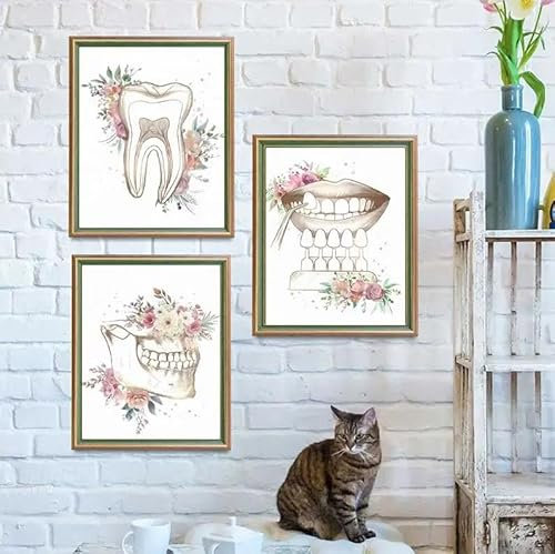 Zahnanatomie-Kunst,Blumenmalerei,Aquarell-Zahnmedizin-Poster,Wandfotos für Zahnklinik-Dekor,Mundgesundheit-Leinwanddrucke 21x30cmx3 ohne Rahmen