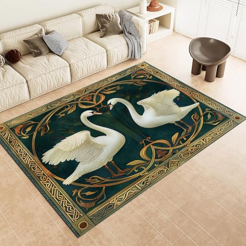 Teppich Wohnzimmer 160x230cm, Jugendstil Schwan Waschbar in Waschmaschine, Kurzflor, rutschfest, Weich Teppich Grün, Für Wohnzimmer Schlafzimmer Esszimmer