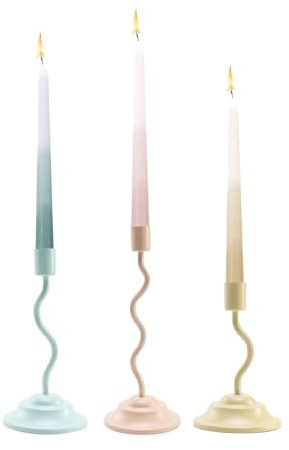 3pc Colorful Metal Candlestick Set, Modern Wave Candle Holders fit 0.85 Taper Candles, for Tabletops, Mantels, Weddings, Housewarming Gatherings, Home&Festival Decor (Blue, Pink,Yellow)