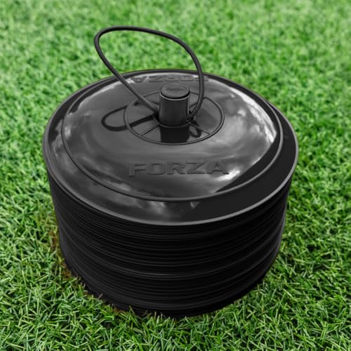 FORZA Nära platta träningsmarkörer [10-pack] | 50-pack med 23 cm breda, ultrahållbara koner – perfekt för fotboll, rugby, hockey och mer (svart)