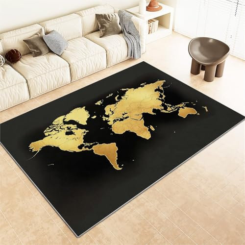 Teppich Wohnzimmer Waschbarer, Goldene Weltkarte Kurzflor Teppich rutschfeste Unterseite Ultraweiches Strapazierfähiger für Kinderzimmer Schlafzimmer Esszimmer Dekor (60 x 90 cm, Grau)