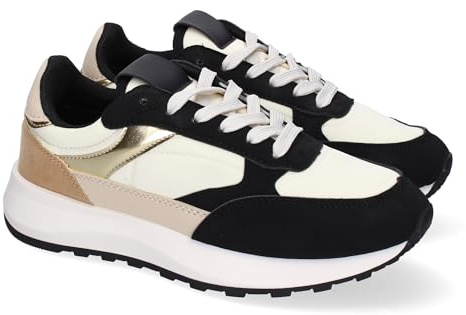87705 Zapatillas Planas Deportivas de Mujer Casual, Puntera Redonda y Cierre de Cordoneras, Ideales para el Dia a Dia. Negro Talla 37