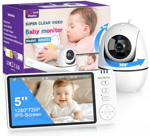 VSIFEHSO Babyphone mit Kamera Ohne WLAN 5 Zoll Baby Monitor 720p Baby Phone Digitalzoom Zwei-Wege-Audio VOX-Modus Nachtsicht Temperaturüberwachung Schlaflied Wecker