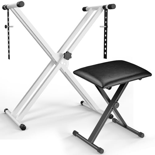 MAMIZO Keyboardständer mit Hocker, Höhenverstellbar Keyboard Ständer und Keyboard Hocker, Doppel X-Frame Keyboard Stand Klavierhocker Set, Klappbar Keyboardstativ Keyboardbank für E-Piano, Weiß