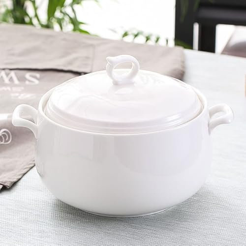 DOPZNJWF Zuppiera in Ceramica con Coperchio, Alimentatore da 3 Litri di Grande capacità con Doppi Manici per Cucina, Porcellana, Bianco Puro, Forno A Microonde E Lavabile in Lavastoviglie,Bianca